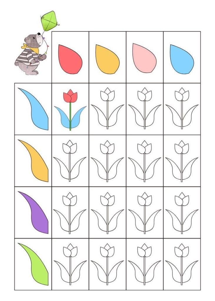 דף עבודה התאמת צבע לפרח